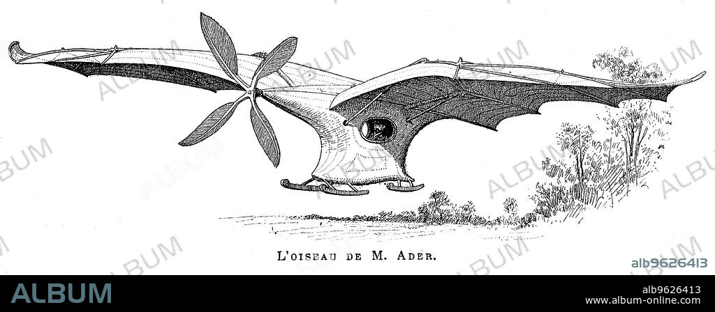 Clement Ader's flying bird 'Eole' (Aole). Wingspan of 15m and made of wood and aluminium, it was the first piloted plane to take off under its own steam, 9 October 1890.  [Paris, 1891].