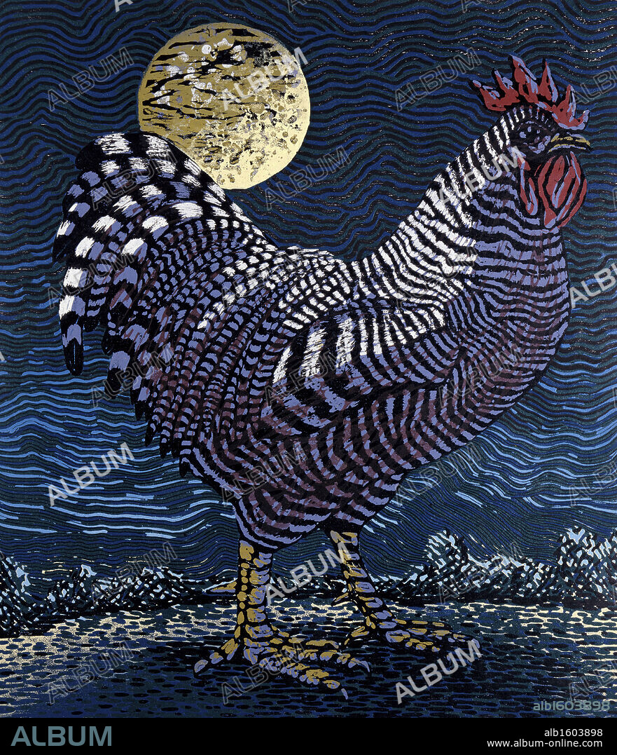 Moon Rooster   Barry Wilson (b.1961/American)  Woodcut Print.