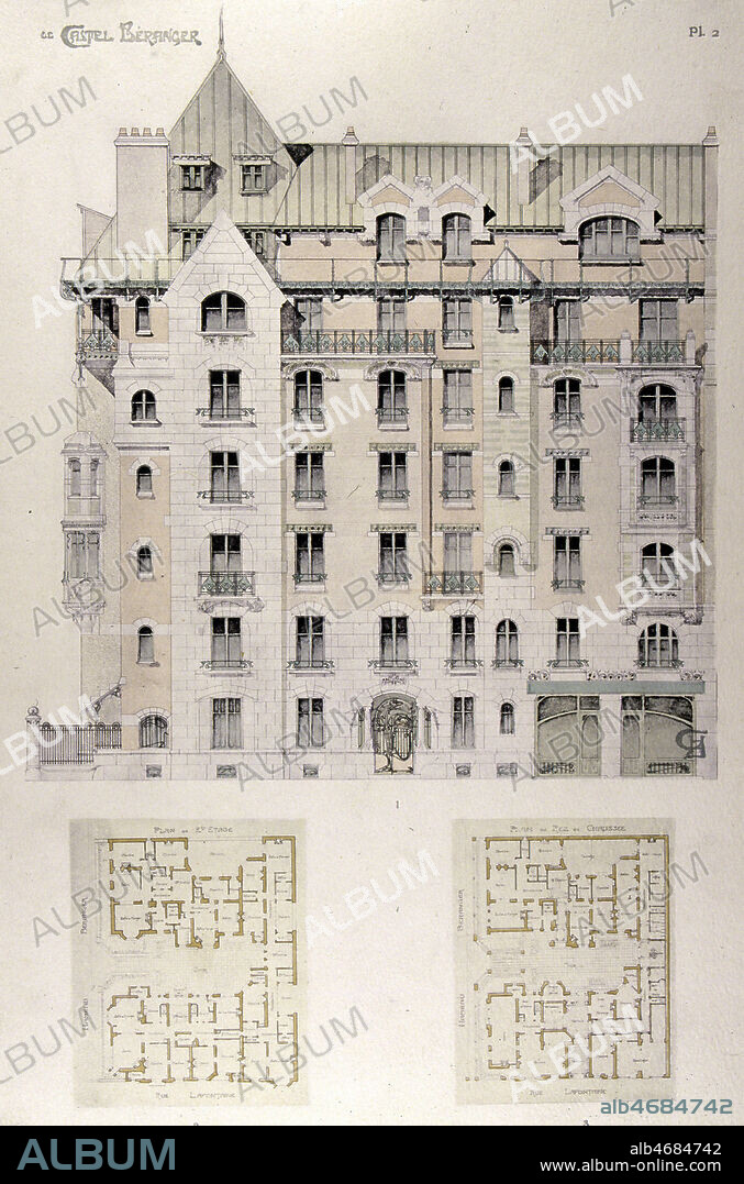 Elevation et plan des batiments sur al rue La Fontaine. Etude sur le Castel-Beranger, 1899 par Hector GUIMARD (1841-1927), architecture de style Art Nouveau, 1900 . Credit JEAN VIGNE/KHARBINE TAPABOR.