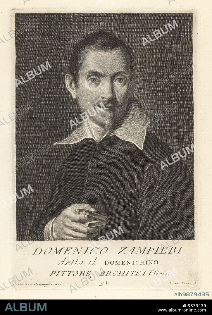 Domenico Zampieri, Italian Baroque painter and architect of the Bolognese School, 1581-1641. Domenico Zampieri detto il Domenichino. Pittore, Architetto. Copperplate engraving by Pietro Antonio Pazzi after Giovanni Domenico Campiglia after a self portrait by the artist from Francesco Moucke's Museo Florentino (Museum Florentinum), Serie di Ritratti de Pittori (Series of Portraits of Painters) stamperia Mouckiana, Florence, 1752-62.
