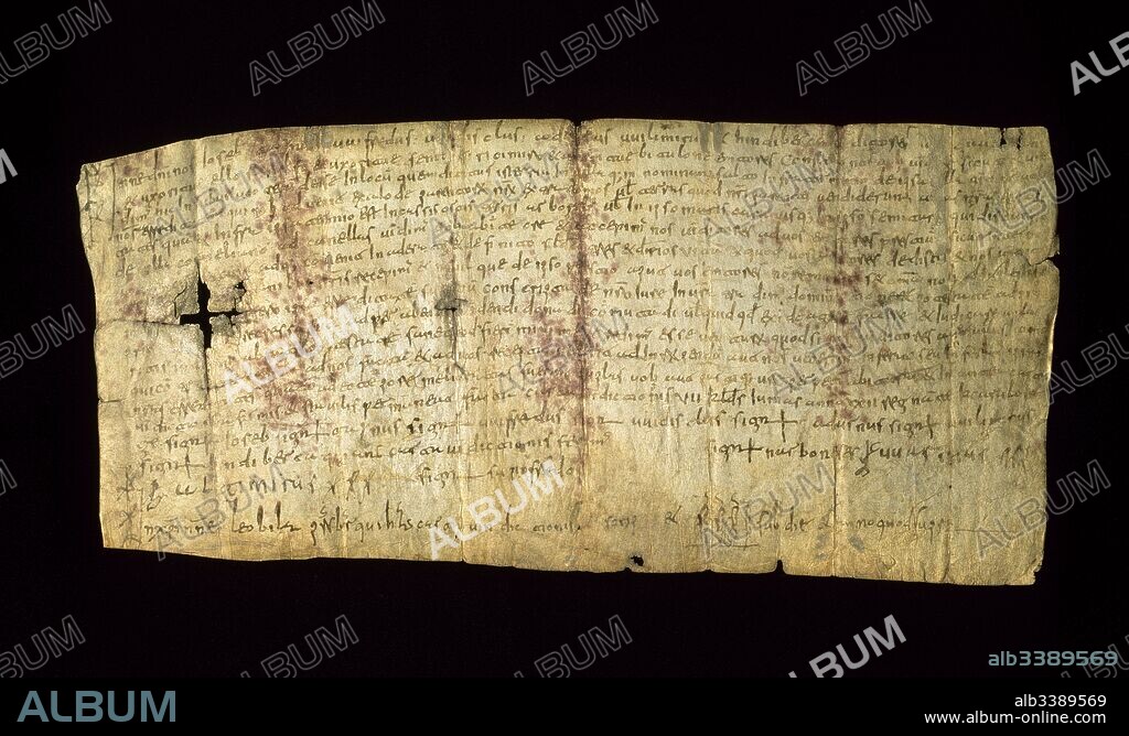 Documento carolingio sobre pergamino. Realizado hacia el año 862 y referente a la cesión de unas viñas en la población de Salt (provincia de Girona). Procedente del monasterio de San Cugat del Vallés. Archivo de la Abadía de Montserrat. Provincia de Barcelona. Cataluña.