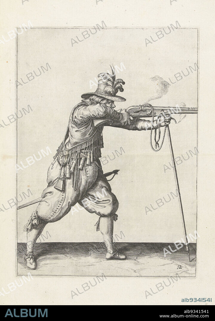 Soldier firing his musket, resting on his furket (no. 12), c. 1600, A soldier, full-length, to the right, pointing a musket (a particular type of firearm) with both hands at a target, the barrel resting on a furket (musket fork), and firing (no. 12), c. 1600. Plate 12 in the instructions for handling the musket: Corte onderrechtinghe op de figuerliicke afbeeldinghe, soo veel aengaet het recht ghebruyck vant Musquet. Part of the illustrations in: J. de Gheyn, Wapenhandelinghe van Roers Musquetten ende speiessen, 's-Gravenhage, 1607. Martial arts circa 1600., print maker: Jacob de Gheyn (II) (workshop of), print maker: Robert de Baudous (possibly), print maker: Northern Netherlandsprint maker: Northern Netherlands, publisher: The Hague, 1597 - 1607, paper, engraving, height 255 mm × width 185 mm.