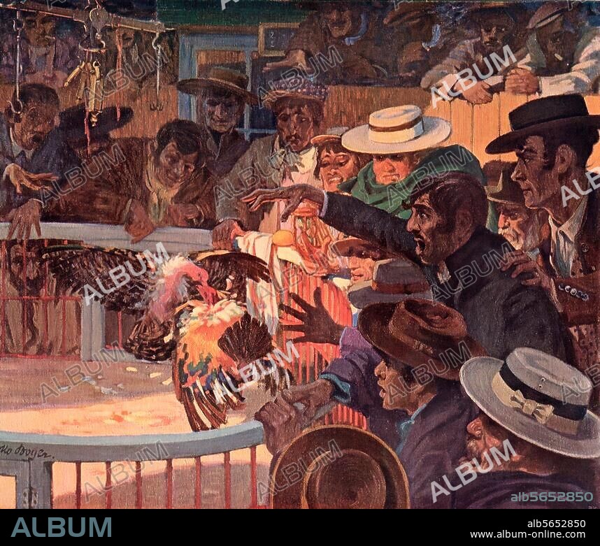 Volkskunde:. Spanien. "Hahnenkampf in Sevilla". Farbdruck, 1910, nach Gemälde von Otto Boyer (1874-1912).