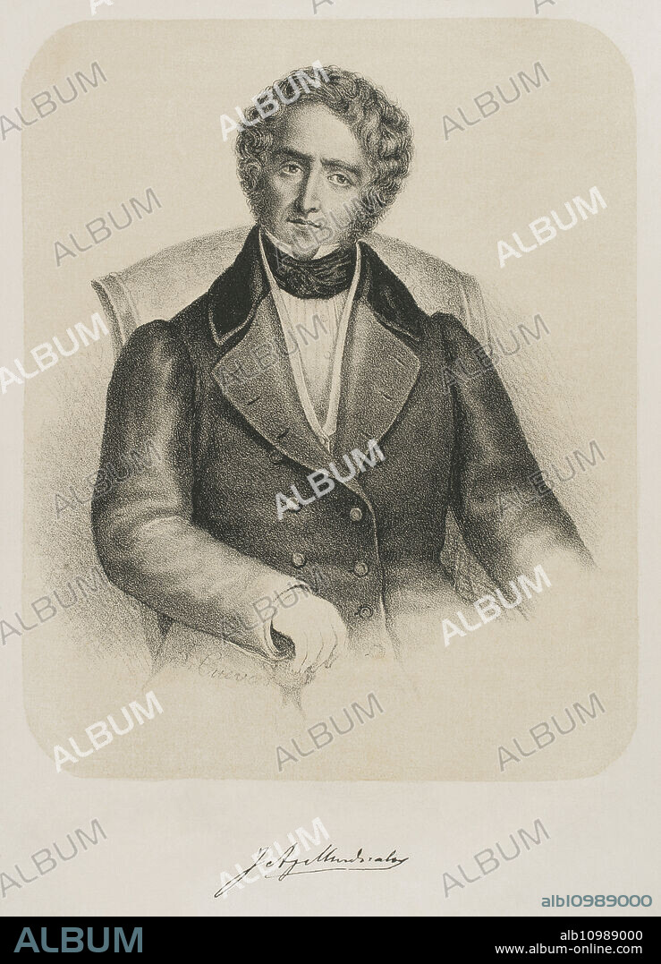 JOSÉ CUEVAS (1844-CA. 1929-1930). SPANISH ARTIST.. Juan Alvarez de Mendizábal (1790-1853). Spanish politician and financier who had great importance in the Spanish liberal Revolution. He was appointed Minister of Finance in July 1835 by the Count of Toreno, from which he promoted the confiscation of the confiscation of Catholic Church's properties. Portrait. Drawing by José Cuevas. Lithography. "Historia de la guerra civil y de los partidos liberal y carlista" (History of the Civil War and the Liberal and Carlist parties), by Antonio Pirala. Volume II. Madrid, 1868.