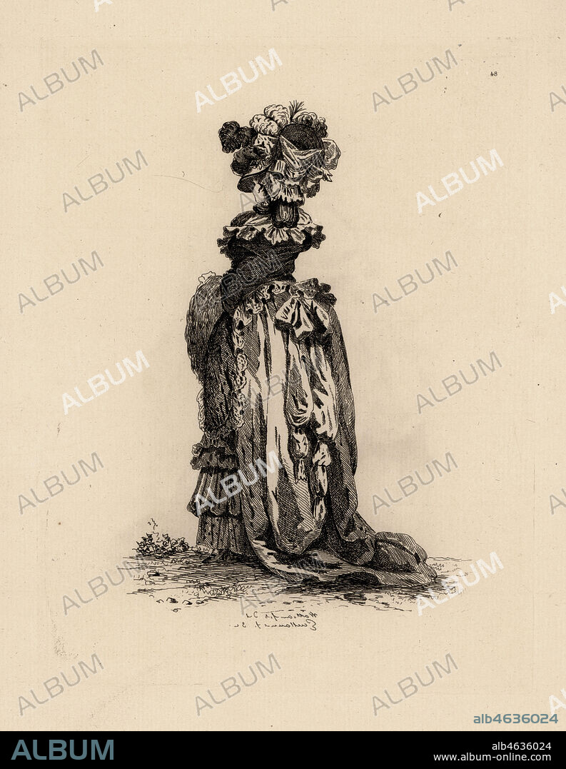 Fashionable woman in English-style dress with Devonshire hat, era of Marie Antoinette. La blonde Melite se promenant sur le midi au Palais Royal. Copperplate etching by Auguste Etienne Guillaumot from Costumes et coiffures du XVIIIe siecle, Costumes and hairstyles of the 18th century, Cagnon, Paris, 1875. Original illustration by Francois Louis Joseph Watteau from the Gallerie des Modes et Costumes Francais, 1778-1787.
