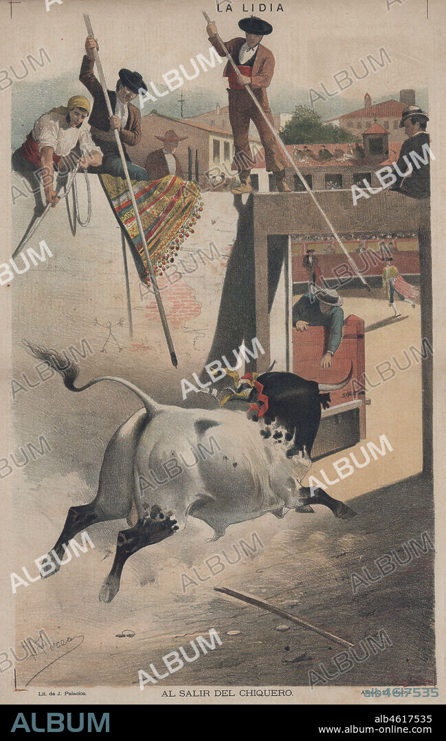 DANIEL PEREA Y ROJAS. La lidia. Al salir del chiquero. Los mozos azuzando al toro en los chiqueros para que salga a la plaza. Año 1888.