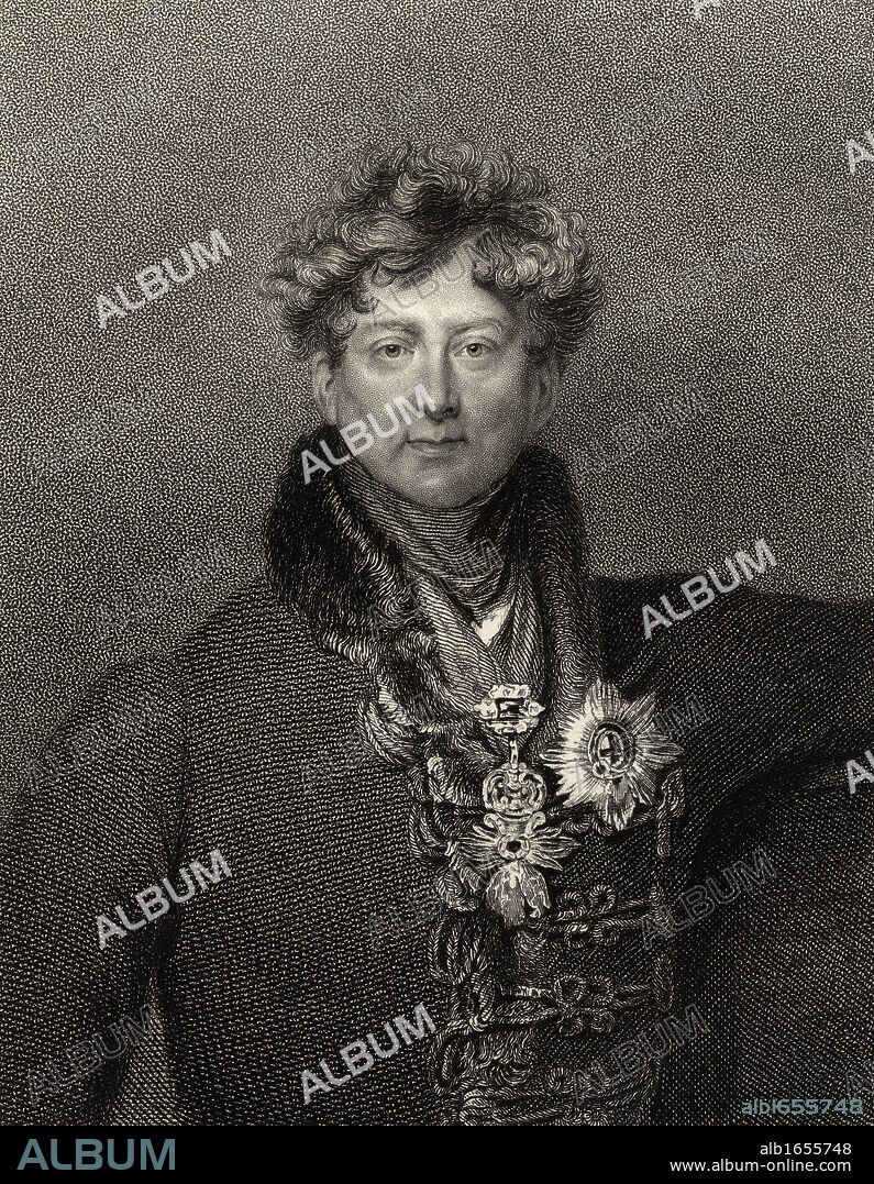 King George IV George Augustus Frederick 1762 to 1830 King of Great Britain and Ireland and King of Hanover 1820 to 1830 Engraved by E Scriven from the plate by W Finden after Sir T Lawrence From the book National Portrait Gallery volume II published c 1835.