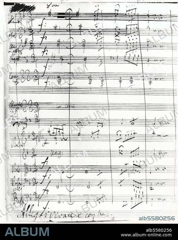 Beethoven, Ludwig van Composer, 1770-1827. Works: Symphony No. 8 in F major, op. 93. (1811-12; FP Vienna 27.2.1814). First page of the score in Beethoven's own hand. Berlin, Staatsbibliothek Preußischer Kulturbesitz.