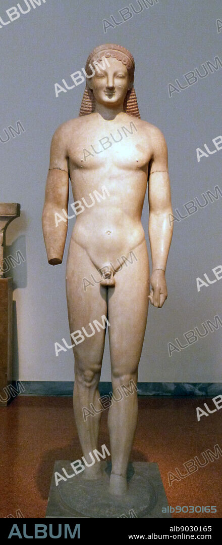 Statue of a kouros. Parian marble, found in ancient Myrrhinous, Attica. An important work of the Archaic period, with a lively rendering of the body. One of the best examples of kouros, 540-530 BC.