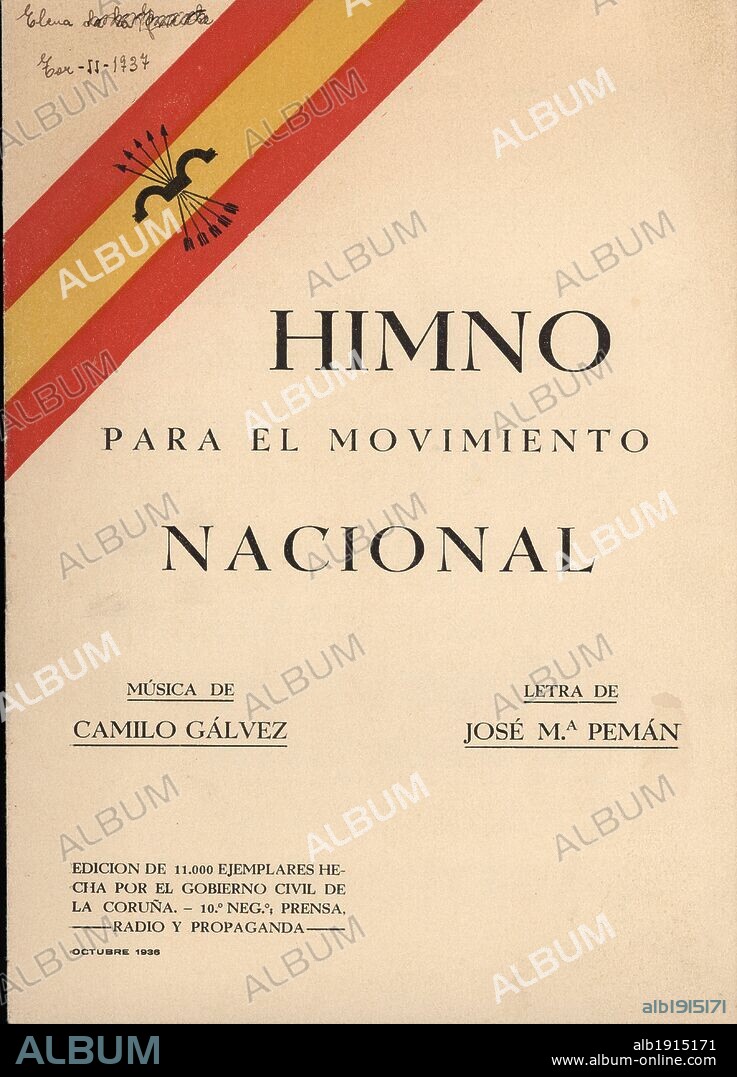 Partitura musical "Himno para el Movimiento Nacional", letra de José María Pemán y música de Camilo Gálvez. Editado por el Gobierno Civil de La Coruña. Año 1936.