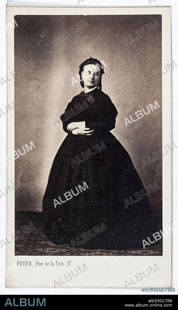 Portrait of Louise Vaissière (1844-1874), known as Lise Tautin, actress and singer., Feyen, Jacques Eugène, Photographer, Between 1860 and 1890, 2nd half of the 19th century, Photography, Graphic arts, Photography, Albumen paper print, Dimensions - Work: Height: 8.8 cm, Width: 5.4 cm, Dimensions: Height: 10.5 cm, Width: 6.2 cm.