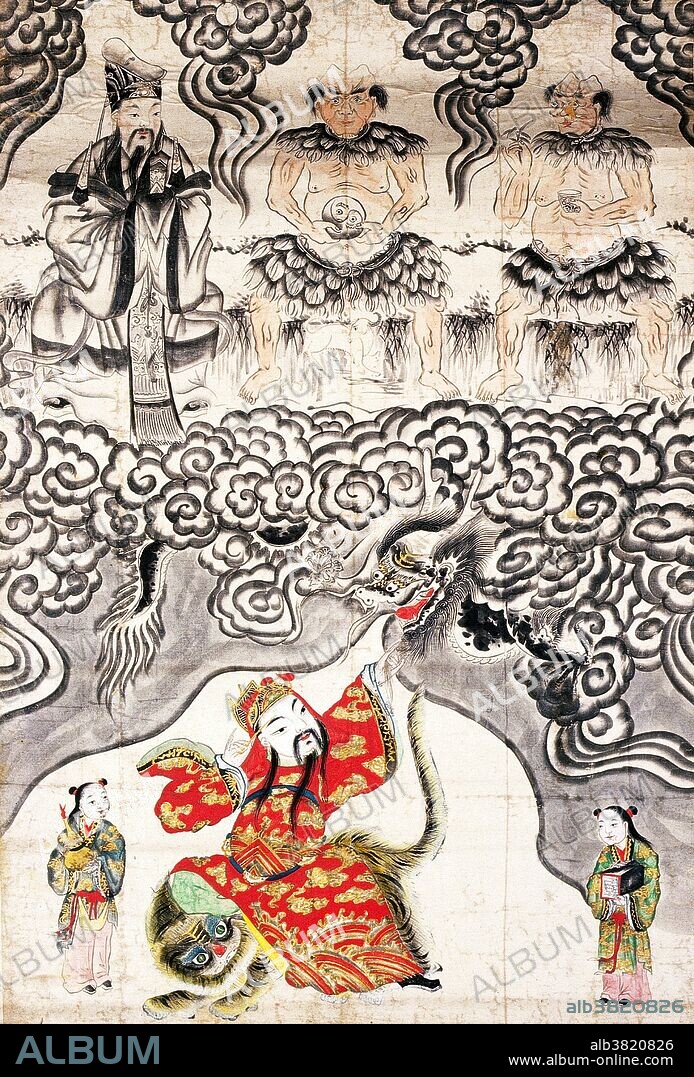 Some Chinese deities of medicine. At bottom is Sun Simiao, who sits on a tiger and holds a dragon in his left hand. Sun Simiao was born around 581 AD and died in 682 AD. He wrote two 30-volume works on medicine that would establish his place as a central figure in herbal medicine. After his death, Sun Simiao was worshipped as a Medicine God and God of Internal Medicine. At upper left is likely Baosheng Dadi (also known as Pao Sheng Ta Ti or Poh Seng Tai Tay) a Chinese god of medicine. The two identical figures at right are Shennong (or Shen Nung), also known as the Emperor of the Five Grains. He was a legendary ruler of China and is a cultural hero, one of the Three Sovereigns (also known as "Three Emperors") who lived some 5,000 years ago. Shennong is said to have taught the ancient Chinese not only their practices of agriculture, but also their use of herbal drugs.