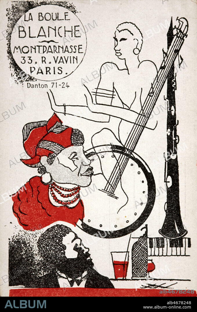 'La Boule Blanche'. Cabaret creole est 'le rendez-vous select des coloniaux de Montparnasse' dans lequel jouait le clarinetiste Alexandre STELLIO (1885-1939). Illustration anonyme pour une carte postale vers 1930. Credit : Collection KHARBINE-TAPABOR.