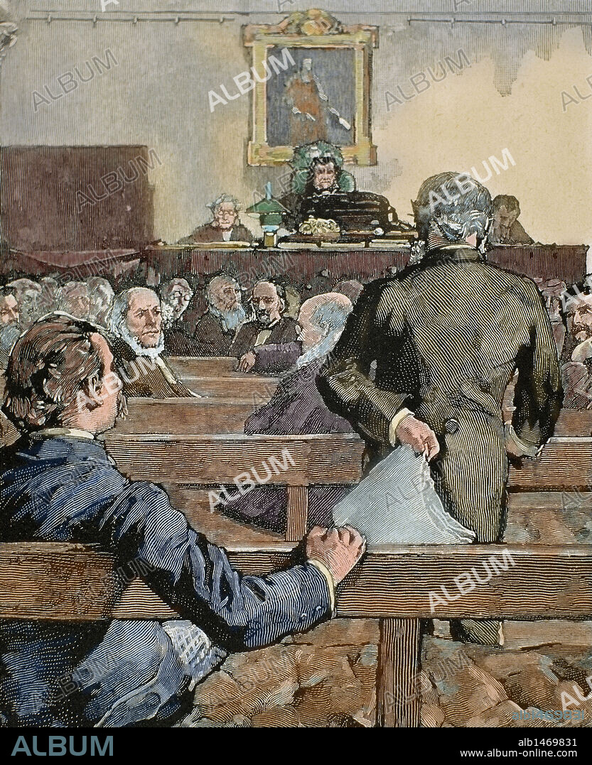 HISTORIA DE INGLATERRA. Sesión en la Sociedad Real de Londres. Grabado coloreado del año 1890.