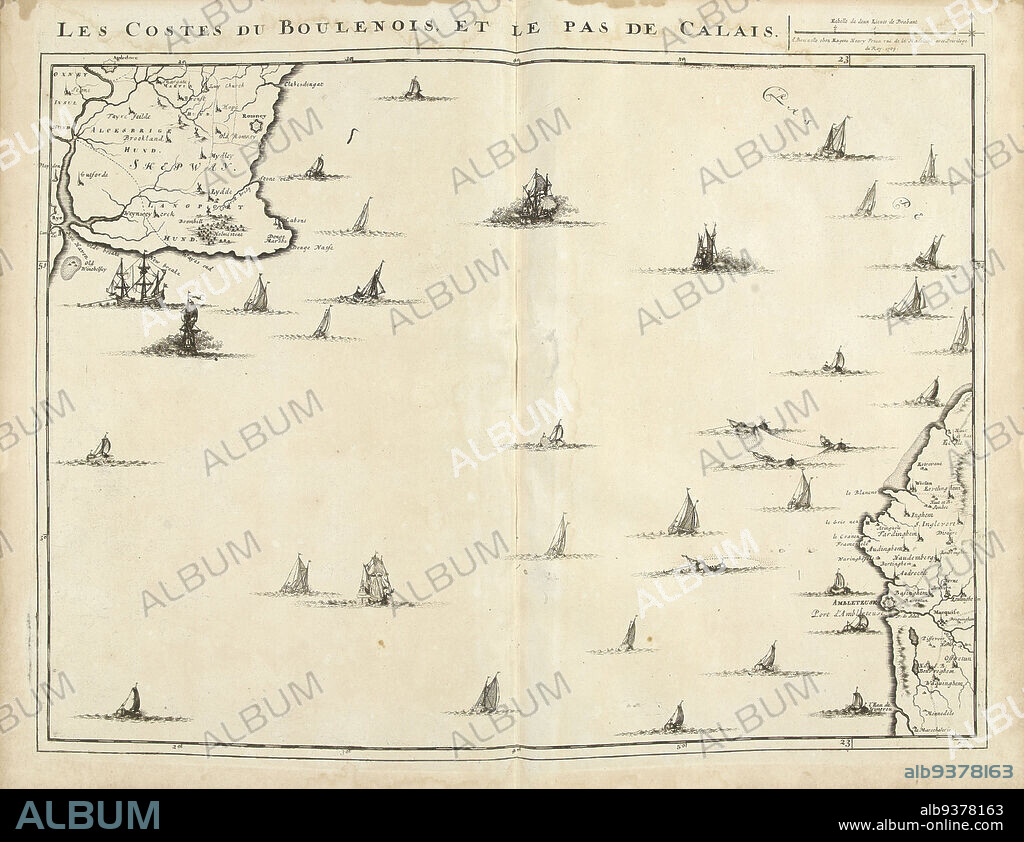 Map of the Strait of Dover, 1709, Les Costes du Boulenois, et le Pas de Calais (title on object), Map of the Strait of Dover, 1709. Part of a bundled collection of plans of battles and cities renowned in the War of the Spanish Succession. This plate is among the first 24 plates that make up a very large map of the Southern Netherlands., print maker: Jacobus Harrewijn (mentioned on object), publisher: Eugene Henry Fricx (mentioned on object), Brussels, 1709, paper, etching, engraving, height 448 mm × width 565 mm.
