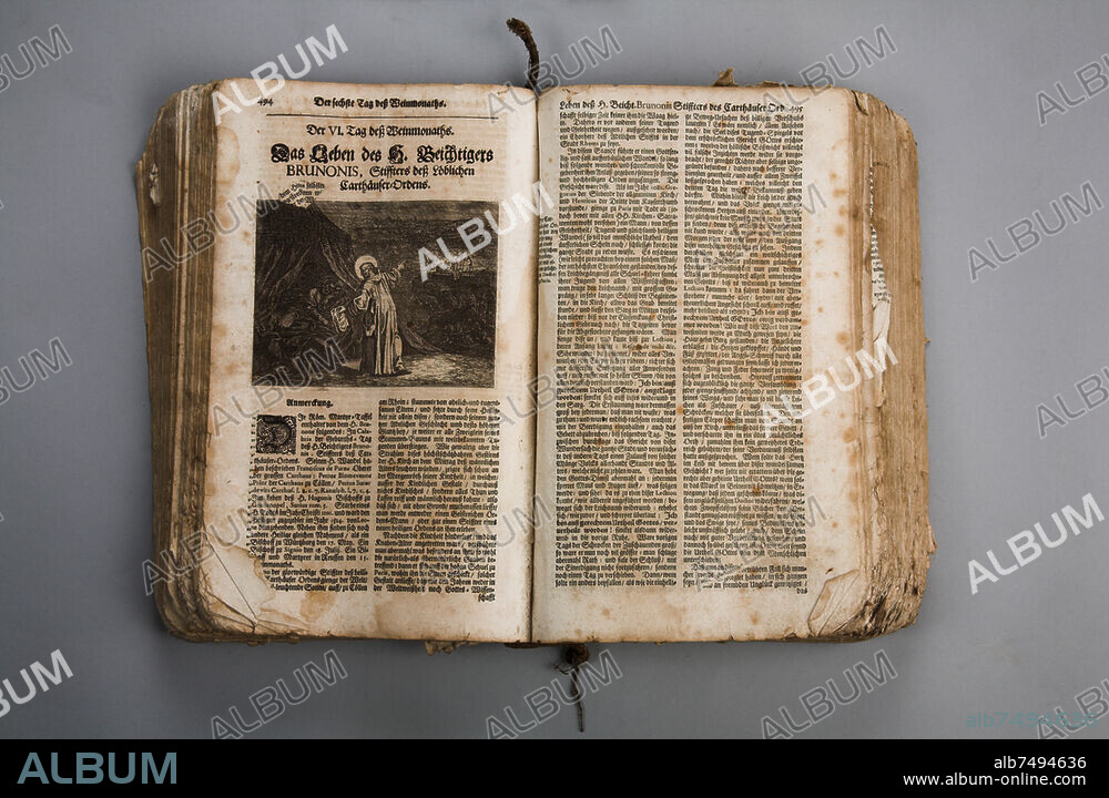 ANONYMOUS. Pedro de Ribadeneira, Spanish Jesuit, religious politician and historian, Toledo 1527 - Madrid 22. 12. 1611. Works: Die Triumphierende Tugend, Das ist: Die außerleßneste Leben der Heiligen Gottes : aus den bewährtesten Geschichtsschreibern zusammengetragen / von Petrus Ribadeneira. Übersetzt von Johannes Hornig, Augsburg und Dillingen (Johann Carpard Bencards Witwe und Erben) 1734. - Opened double page 646/647:""Der VI. Tag deß Weinmonaths.  Das Leben des H. Beichtigers Brunonis, Stiffters deß Löblichen Carthäuser-Ordens". - Type printing and copperplate engraving. From the possession of the 1803 secularized Poor Clares Monastery Wittichen. Wittichen (Kaltbrunn, community Schenkenzell, Baden-Württemberg), Wittichen Monastery, Museum.