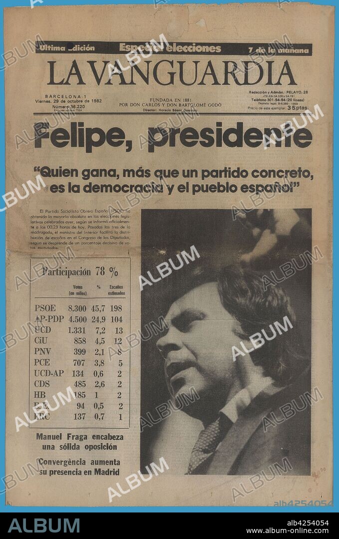 Portada del periódico La Vanguardia, editada en Barcelona, octubre de 1982. Edición especial Elecciones generales legislativas.