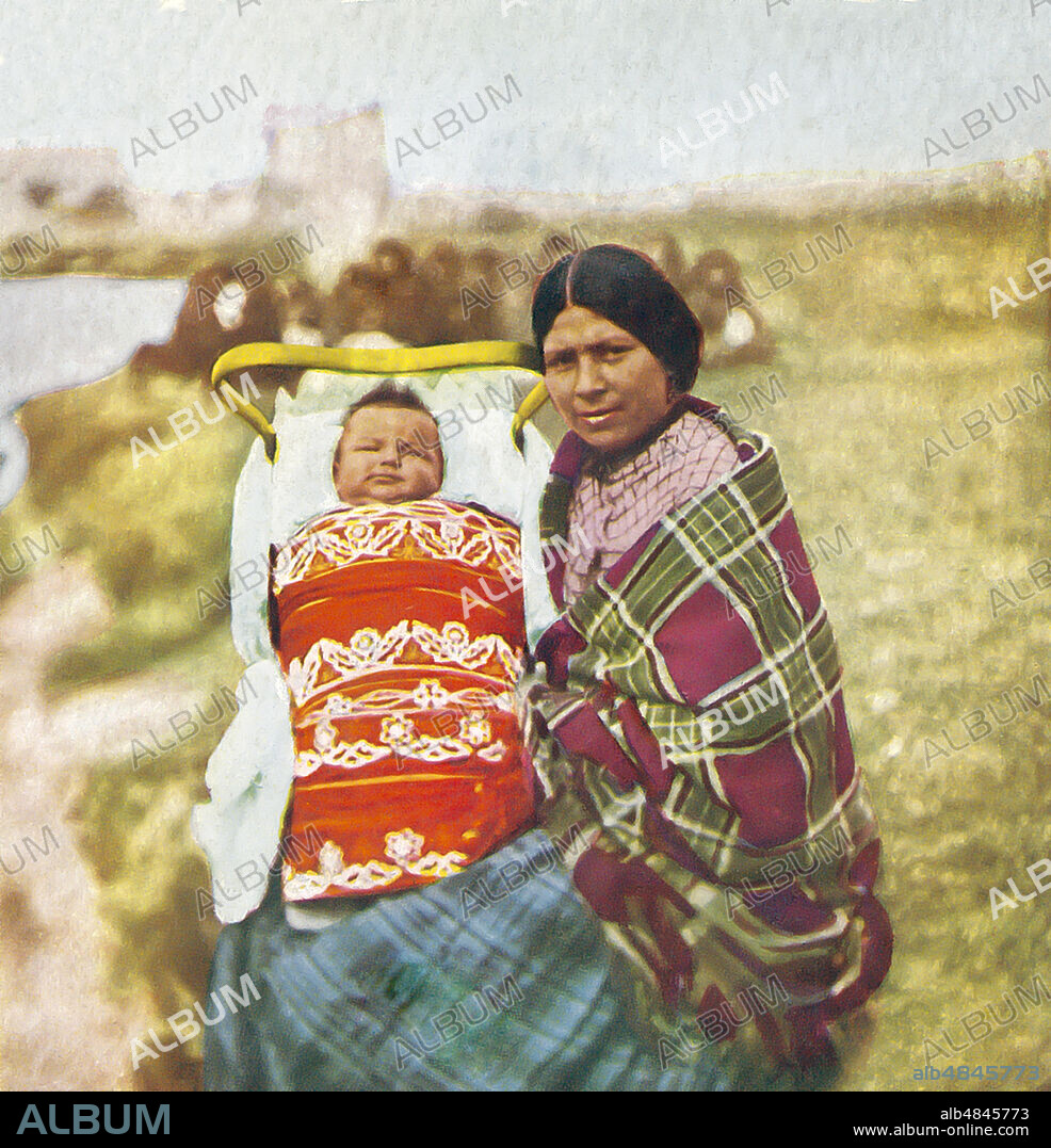 Stereoscope 1898 T.W. Ingersoll. A hand coloured photograph. Chippewa Squaw and Papoose.