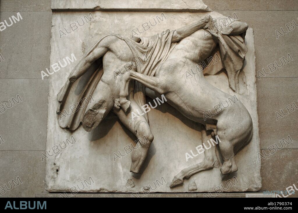 Metope VII from the Parthenon marbles depicting part of the battle between the Centaurs and the Lapiths. 5th century BC. Athens. British Museum. London. United Kingdom.