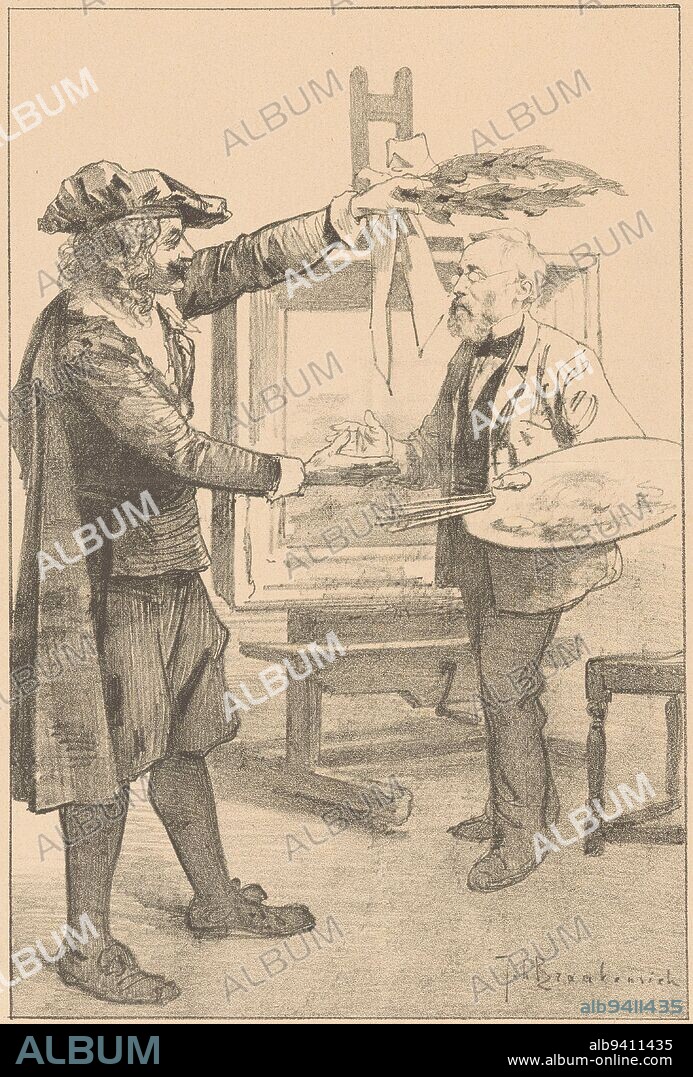 Rembrandt honors Jozef Israls by holding a laurel wreath over his head and shaking his hand. Israel stands with a palette in his hand near an easel, At Joseph Israel's feast , print maker: Johan Braakensiek, (mentioned on object), printer: Amsterdamsche Boek- en Steendrukkerij v/h Ellerman Harms & Co., (mentioned on object), Amsterdam, 27-Jan-1895, paper, h 439 mm × w 295 mm.