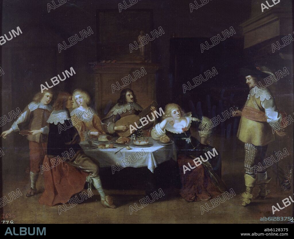CHRISTOFFEL JACOBSZ. VAN DER LAEMEN. BANQUETE DE CORTESANAS Y SOLDADOS - SIGLO XVII - O/T - 47x63 - BARROCO FLAMENCO.