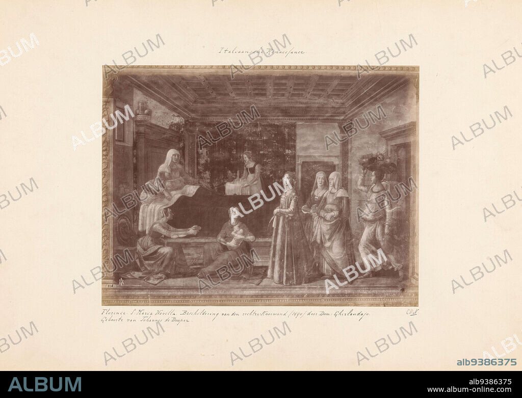 Photoreproduction of a fresco in the Santa Maria Novella at Florence by Domenico Ghirlandaio, depicting the birth of John the Baptist, Florence. S. Maria Novella. Fresco on the right side of the choir (1490) by Dom: Ghirlandajo. (title on object), anonymous, Domenico Ghirlandaio, Santa Maria Novella, c. 1875 - c. 1900, cardboard, albumen print, height 189 mm × width 248 mm.