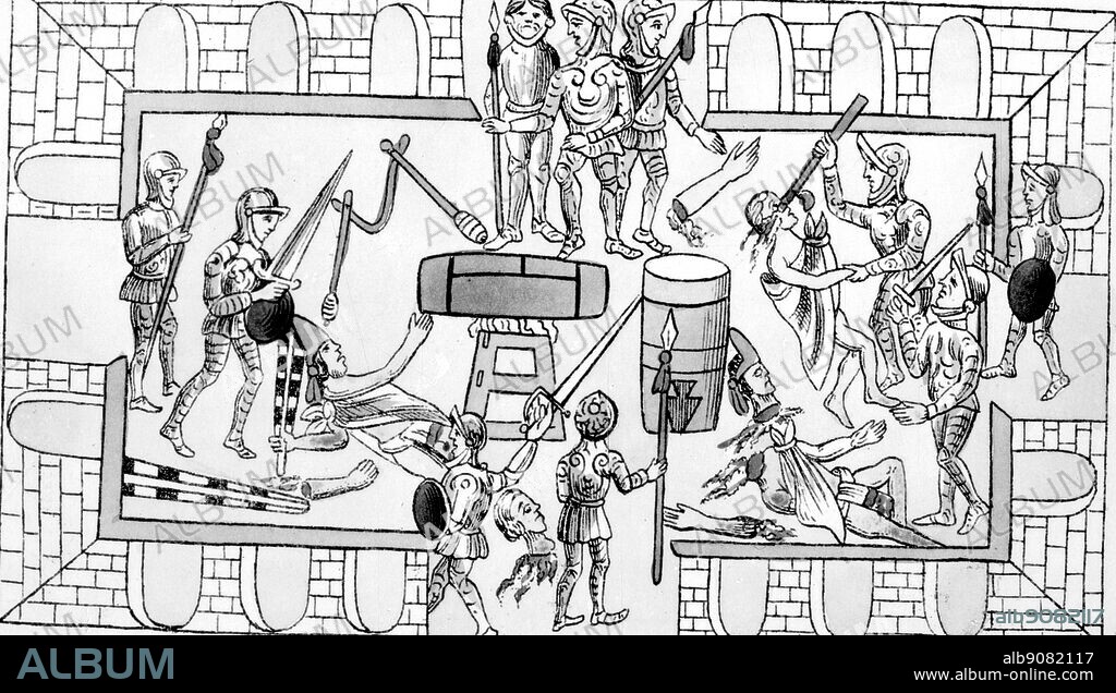 The Spaniards attack the Mexican dancers. Engraving in Fray Diego Duran 'Historia de las Indias de Nueva Espana: Atlas 1880. Based on drawings made for Duran by a Mexican artist between 1560 and 1580.