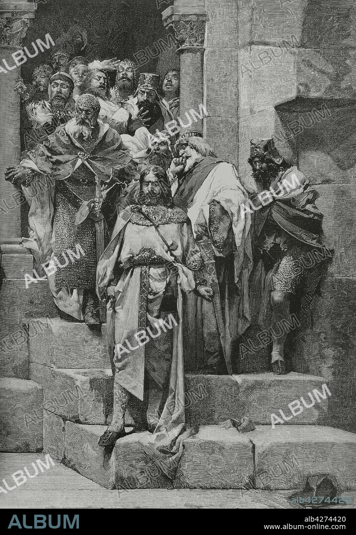 Ramiro II de Aragón, el Monje (1086-1157). Rey de Aragón entre 1134 y 1157. Escena de la leyenda de la Campana de Huesca, o Leyenda de Rey Monje. Decapitación de los doce nobles que se opusieron a su voluntad. Grabado a partir del cuadro de Casado del Alisal. Detalle. La Ilustración Española y Americana, 8 de febrero de 1882.