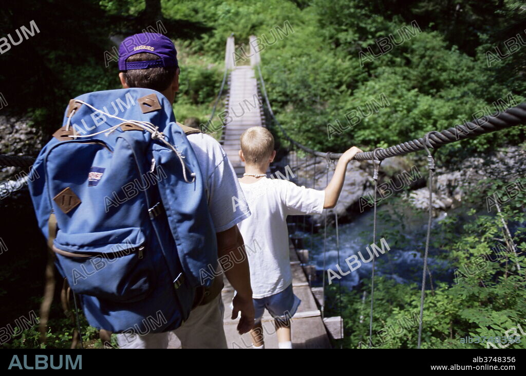 Father and son hike to Anderson Pass, Enchanted Valley, Olympic National Park, UNESCO World Heritage Site, Washington State, United States of America (U.S.A.), North America.