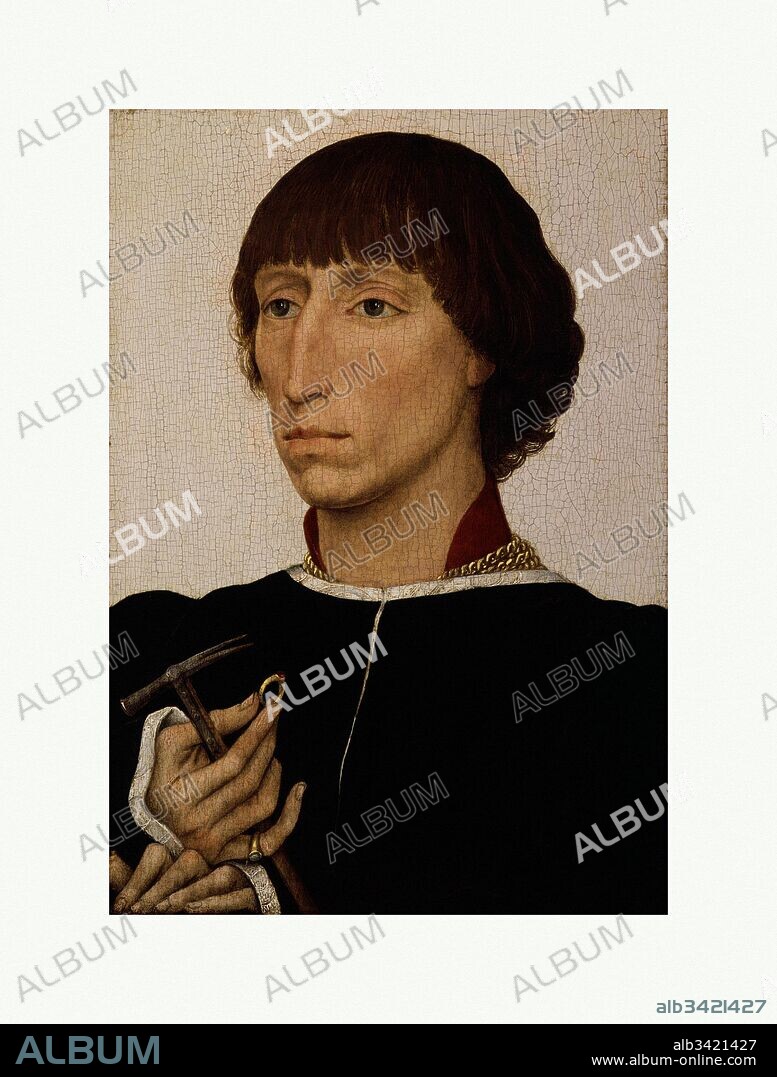 Francesco d'Este (born about 1430, died after 1475), ca. 1460, Oil on wood, Overall 12 1/2 x 8 3/4 in. (31.8 x 22.2 cm): painted surface, each side 11 3/4 x 8 in. (29.8 x 20.3 cm), Paintings, Rogier van der Weyden (Netherlandish, Tournai ca. 1399–1464 Brussels), Francesco was the son of Leonello d'Este, ruler of Ferrara, but he received his education in the Netherlands at the court of Philip the Good, duke of Burgundy. The hammer and ring may be jousting prizes or symbols of power, and the unusual white background could refer to the Este family’s livery colors (white, red, and green).