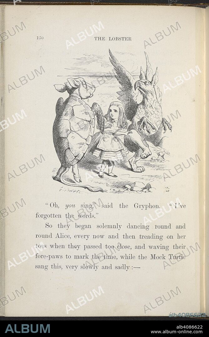 Alice dancing with the Mock Turtle and Gryphon. Alice's Adventures in Wonderland. With forty-two illustrations by John Tenniel. London : Macmillan & Co., 1866 [1865]. Source: C.59.g.11 page 150.
