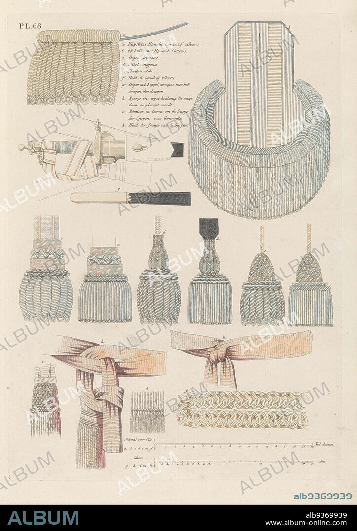 Illustration of Epaulettes, Dragons, Hat-lis and trumpets, Sashes and Degen. (title on object), Decorations of Dutch military uniforms. Top of legend a-k. Plate 68. Uniform representation in 'Continuation of the Description as to the Royal Dutch Troops' by J.F. Teupken, 1826., print maker: anonymous, publisher: Jan Frederik Teupken, print maker: Netherlands, printer: The Hague, 1826, paper, etching, engraving, height 292 mm × width 208 mm.