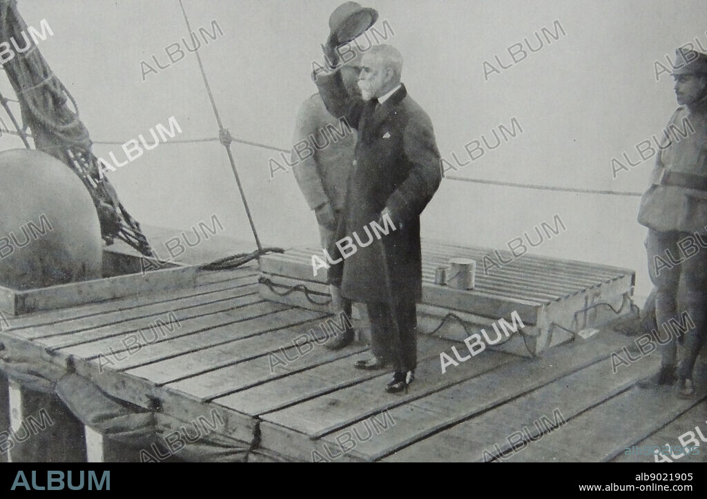Bernardino Luís Machado Guimarães, 28 March 1851, 29 April 1944, President of Portugal (191517, 192526). Shown in this photograph saluting Portuguese forces departing for the world war battlefields in France, 1915In the course of his term, he received Germany's declaration of war (March, 1916), and visited the Portuguese forces placed in France in the battlefields. In 1917 the government was deposed by a military coup headed by Sidónio Pais, and Machado went into exile. Upon Machado's return in 1919 he was elected Senator. He served as Prime Minister from 10 February to 23 May 1921. Once again, in 1925, he achieved the presidential office after President Teixeira Gomes resigned, only to be overthrown a year later (1926). For a second time he went into exile in France, where he continued to be very critical of the Portuguese regime. The German occupation of France in 1940 forced him to seek protection in Portugal, which the government granted him with the condition that he was to be confined to his personal retreat in the northern part of Portugal. It was there in Oporto that he died in 1944.