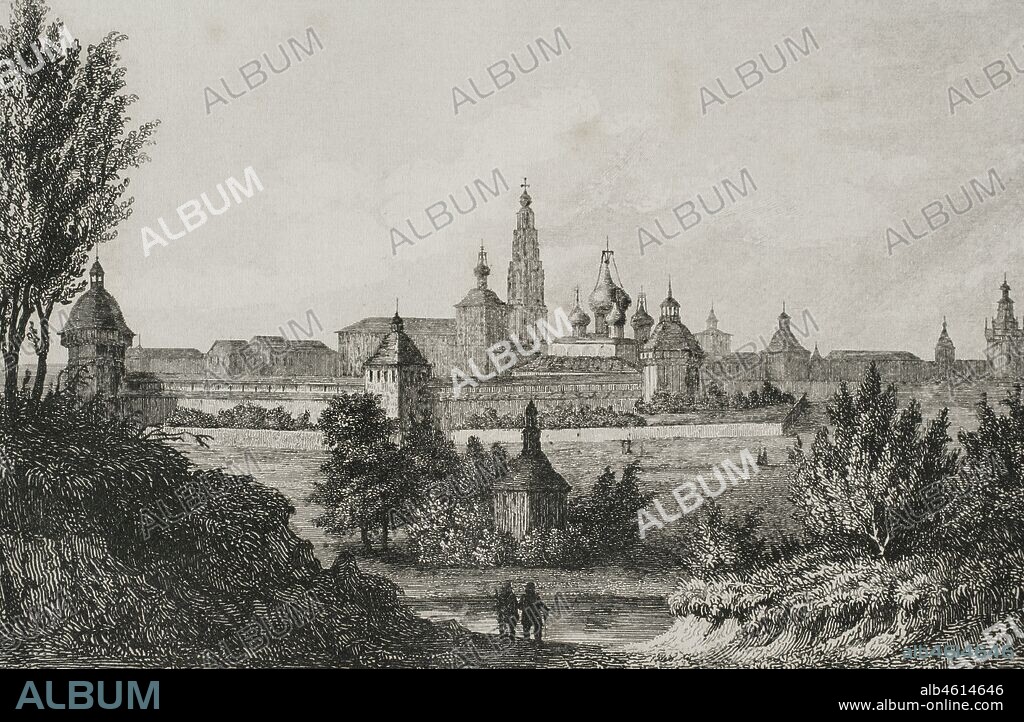 Rusia. Monasterio de la Trinidad y San Sergio, en la ciudad de Sérguiev Posad (antiguo Zagorsk). Monasterio ruso ortodoxo. Alrededores de Moscú. Grabado por Lemaitre y Cadole. Historia de Rusia por Chopin. Panorama Universal, edición española de 1839.