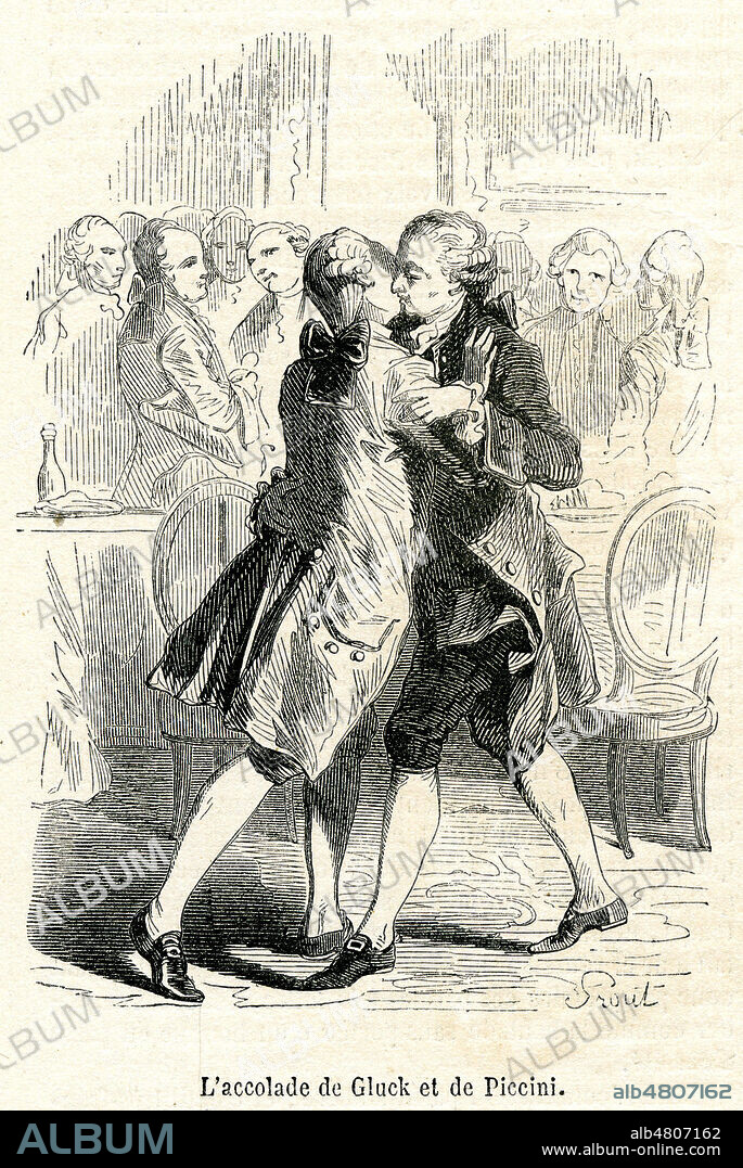 Accolade de Christoph Willibald GLUCK (1714-1787) et Niccolo PICCINI (1728-1800). Illustration de Hippolyte PAUQUET (1797-1871) pour le Musee des Familles de juin 1856. Credit : Collection Kharbine-Tapabor.