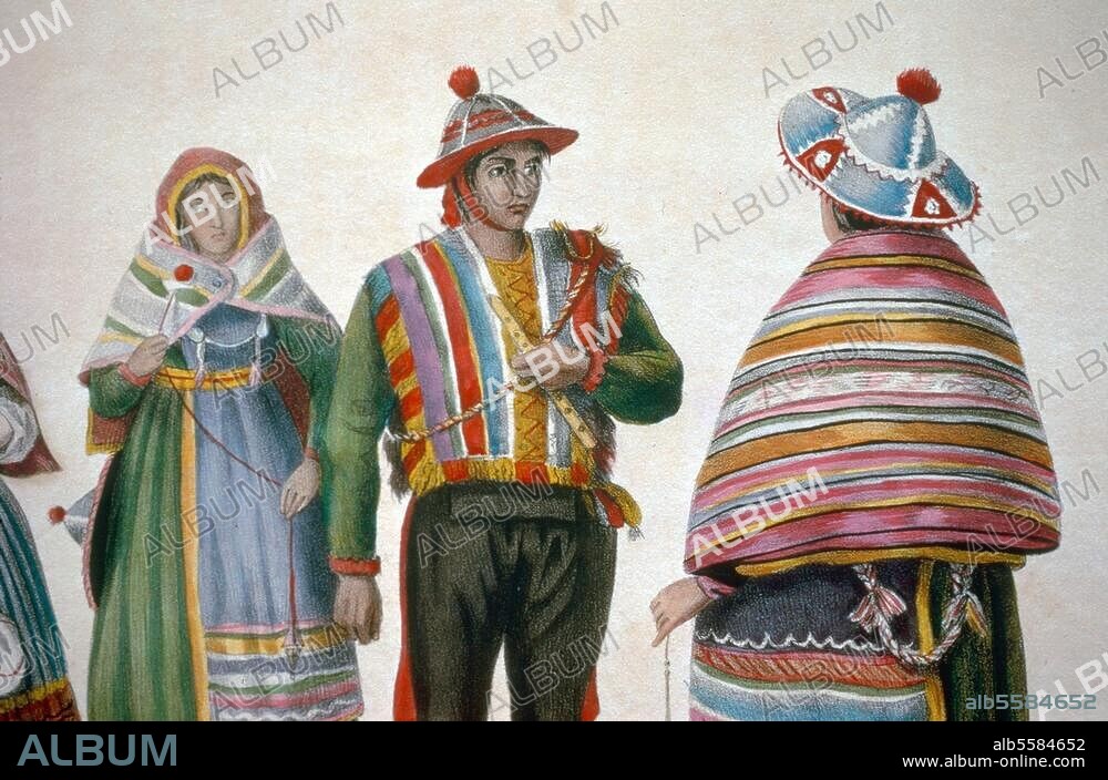 Ethnology / America / Bolivia. "Indiens et Métis de la nation Quechua de Chuquisaca" (traditional costume of the Tarabuco Indians). Chalk drawing with watercolour, 1833, by Alcide d'Orbigny; from: "Voyage dans l' Amérique Méridionale".