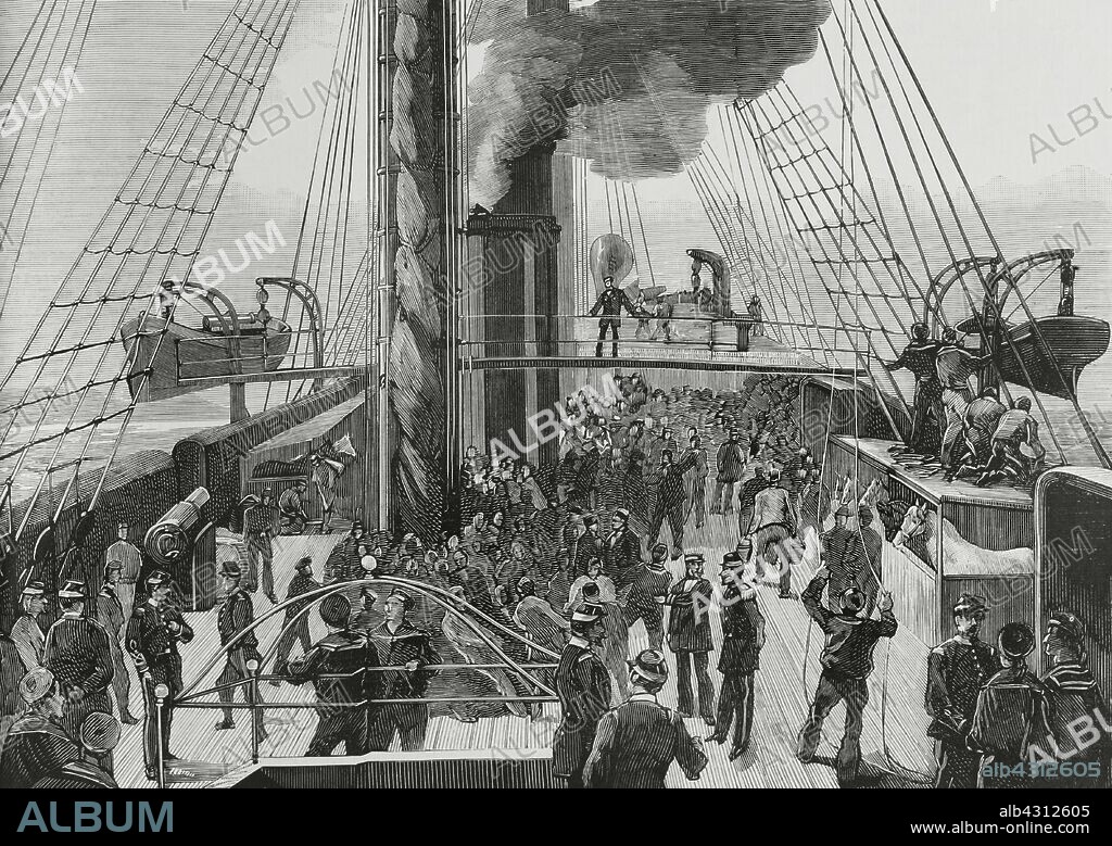 Colonialismo francés. Conflicto de Argelia. El puente de la fragata"Surveillante"en el momento de zarpar del puerto francés de Tolon, conduciendo tropas del ejército expedicionario. Grabado. La Ilustración Española y Americana,30 de abril de 1881.