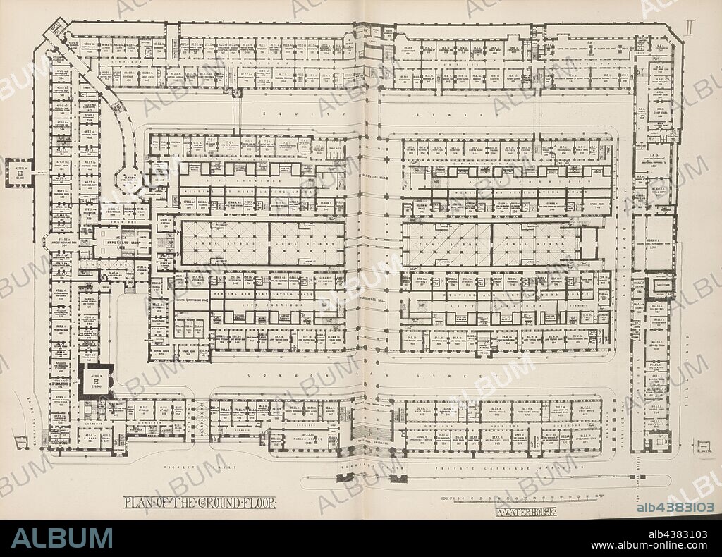 Plan of the Ground Floor, Plan of the ground floor of the Royal Courts of Justice in London after Alfred Waterhouse, Taf. II, after p. 24, Alfred Waterhouse: General description of design: courts of justice competition. London: printed by George E. Eyre and William Spottiswoode: Her Majesty's Stationery Office, 1867.