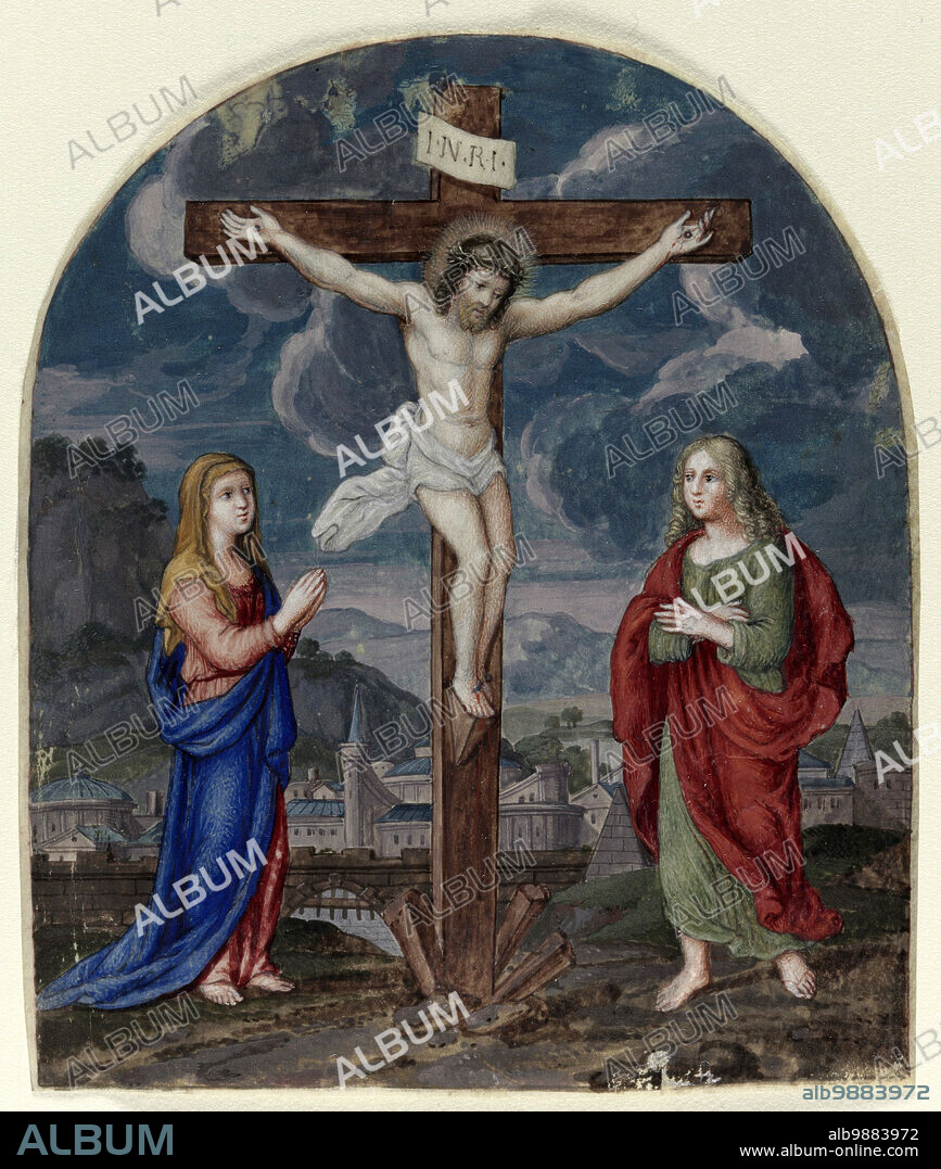 The Crucifixion, Execution, of Jesus of Nazareth, Christ, Good Friday, Golgotha, Miniature, cut out from a prayer book, c. 1540-1550, Flanders, Antwerp, Tempera on vellum, Historic, digitally restored reproduction from a 19th century original.