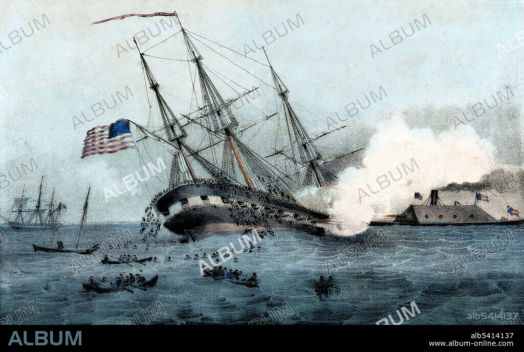 The first USS Cumberland was a 50-gun sailing frigate of the USN. Cumberland was rammed and sunk in an engagement with the Confederate ironclad CSS Virginia (formerly USS Merrimack) at Newport News, Virginia on March 8, 1862. The engagement known as the first day of the Battle of Hampton Roads between the two ships is considered to be a turning point in the history of world naval affairs as it showed the advantage of steam-powered, armored ships over sail-powered wooden hulled ships. Currier & Ives, 1862 (cropped and cleaned).