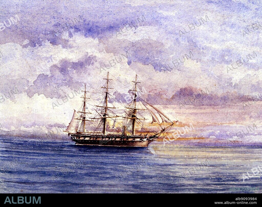 The Challenger at sea from R R A Richard's unpublished journal. The Voyage of The Challenger, by Eric Linklater page 181..  The fifth HMS Challenger (launched 1858) was a steam assisted British naval, wooden corvette of 22306 tons. Captain George Nares was in command with 243 officers, scientists and naval crew when she embarked on her 68,890 nautical mile (127,670 km) journey. The Challenger is notable for carrying the first global marine research expedition and is without parallel in the history of scientific research. The vessel was also the first steamship to cross the Antarctic Circle, although this was not the object of the voyage.