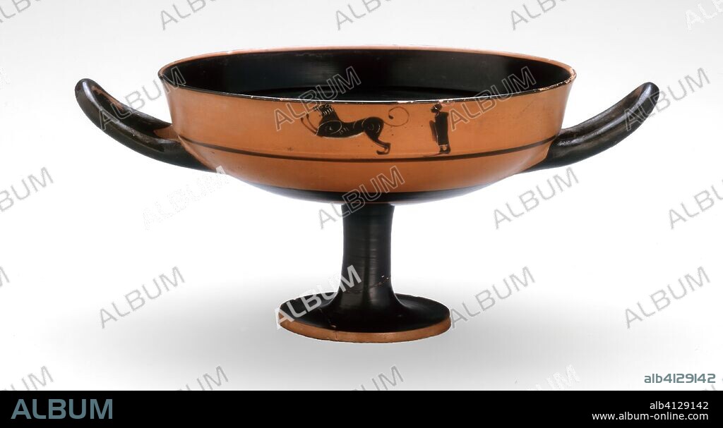 ANCIENT GREEK. Kylix (Drinking Cup). Greek; Athens. Date: 540 BC-530 BC. Dimensions: 9.2 × 20.5 × 14.6 cm (3 5/8 × 8 1/8 × 5 3/4 in.). Terra-cotta, decorated in the black-figure technique. Origin: Arsinoë.