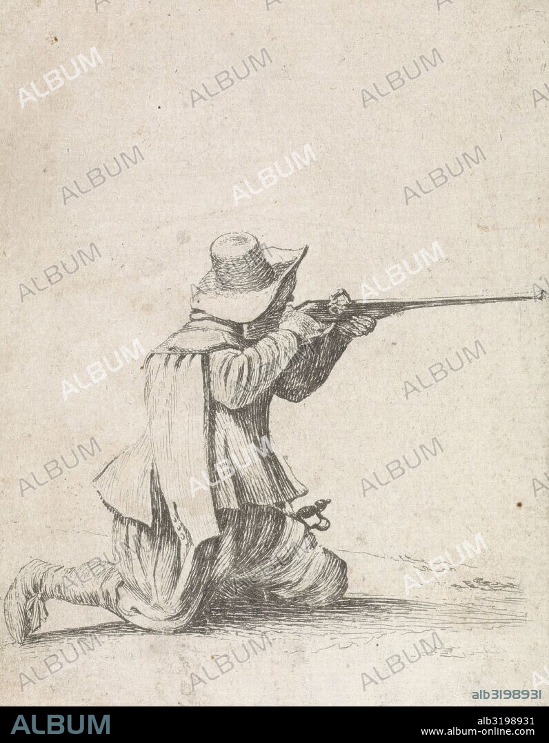 Kneeled soldier, his rifle berthing, Dirk Maas, Philips Wouwerman, 1708 - 1717.