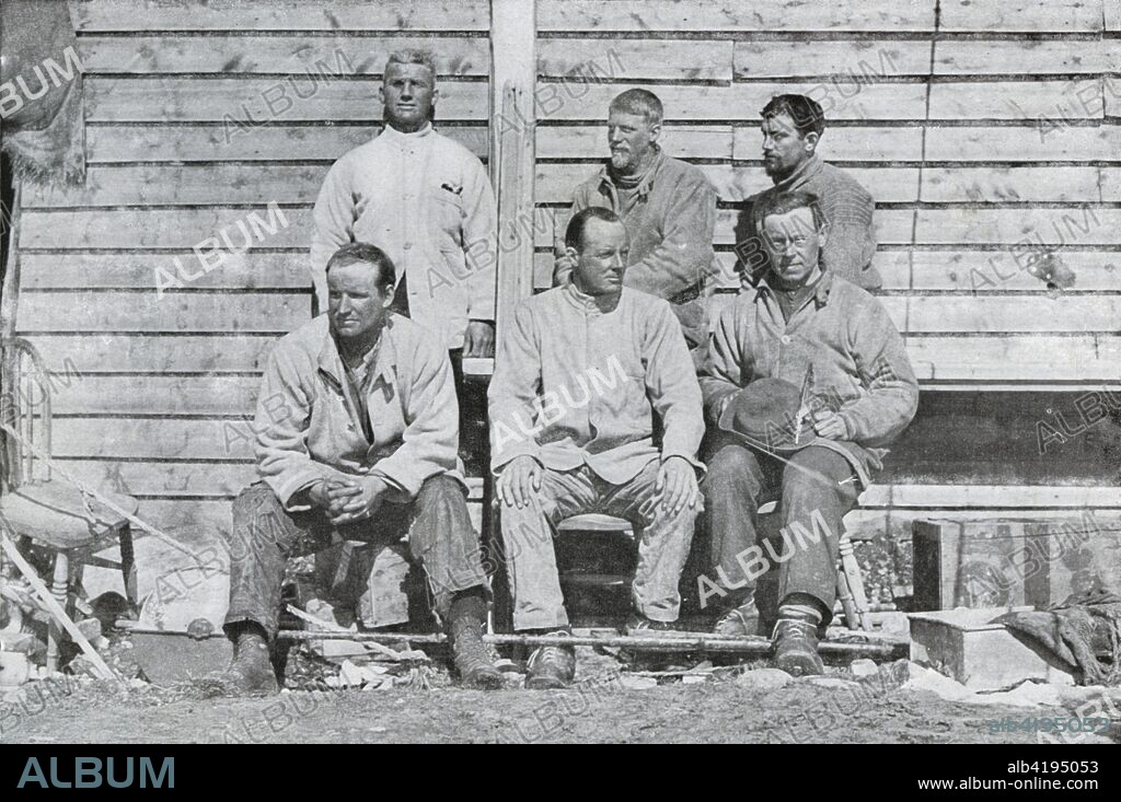 'The Northern Party at Cape Adare (Left to right, top - Abbott, Dickason, Browning; bottom - Priestley, Campbell, Levick)', 1911, (1913). Petty Officer George Abbot, Able seaman Harry Dickason, Petty officer Frank Browning, geologist Raymond Priestley, Lieutenant Victor Campbell and surgeon George Murray Levick. The final expedition of British Antarctic explorer Captain Robert Falcon Scott (1868-1912) left London on 1 June 1910 bound for the South Pole. The Terra Nova Expedition, officially the British Antarctic Expedition (1910-1913), included a geologist, a zoologist, a surgeon, a photographer, an engineer, a ski expert, a meteorologist and a physicist among others. Scott wished to continue the scientific work that he had begun when leading the Discovery Expedition to the Antarctic in 1901-04. He also wanted to be the first to reach the geographic South Pole. Scott, accompanied by Dr Edward Wilson, Captain Lawrence Oates, Lieutenant Henry Bowers and Petty Officer Edgar Evans, reached the Pole on 17 January 1912, only to find that the Norwegian expedition under Amundsen had beaten them to their objective by a month. Delayed by blizzards, and running out of supplies, Scott and the remainder of his team died at the end of March. Their bodies and diaries were found eight months later. From Scott's Last Expedition, Volume II. [Smith, Elder & Co., London, 1913].