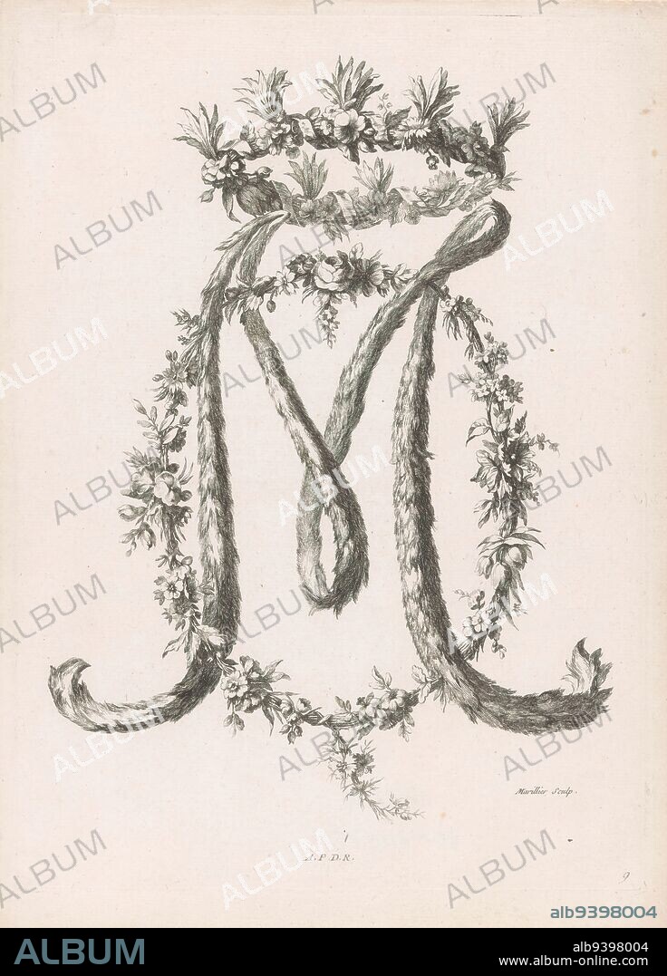 Letters MO, IIme Recueil de Chiffres (series title), Decorative letter M and the letter O of floral vines. At the top a garland of flowers., print maker: Clément Pierre Marillier, (mentioned on object), after drawing by: Charles Germain de Saint-Aubin, publisher: weduwe François Chéreau (II), Paris, 1755 - 1768, paper, etching, height 324 mm × width 234 mm.