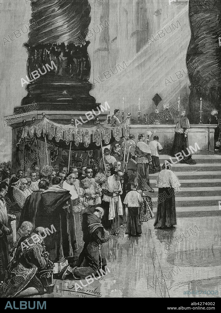 JUAN COMBA GARCíA (1852-1924). SPANISH ARTIST.. Vaticano. Basílica de San Pedro. Ceremonia de la purificación del gran Altar Papal, el día de Jueves Santo. Dibujo del natural por Juan Comba, detalle. Grabado. La Ilustración Española y Americana, 30 de marzo de 1882.