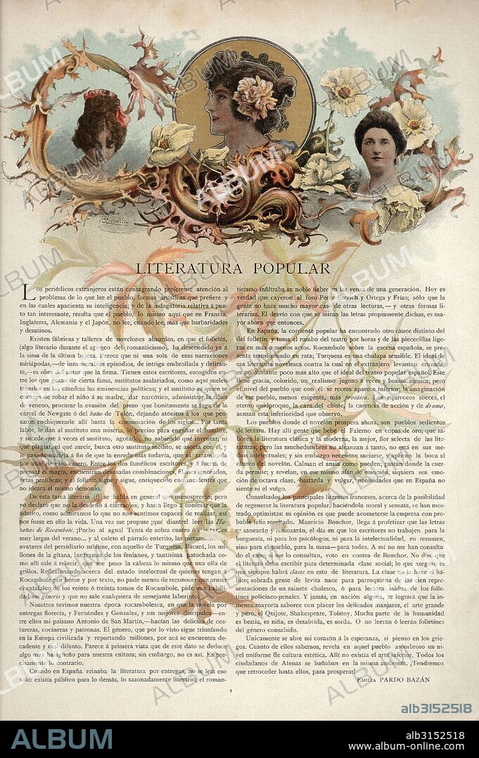 FERRAN XUMETRA. Literatura popular, artículo firmado por Emilia Pardo Bazán, publicado en la revista modernista Album-Salón, enero de 1900.