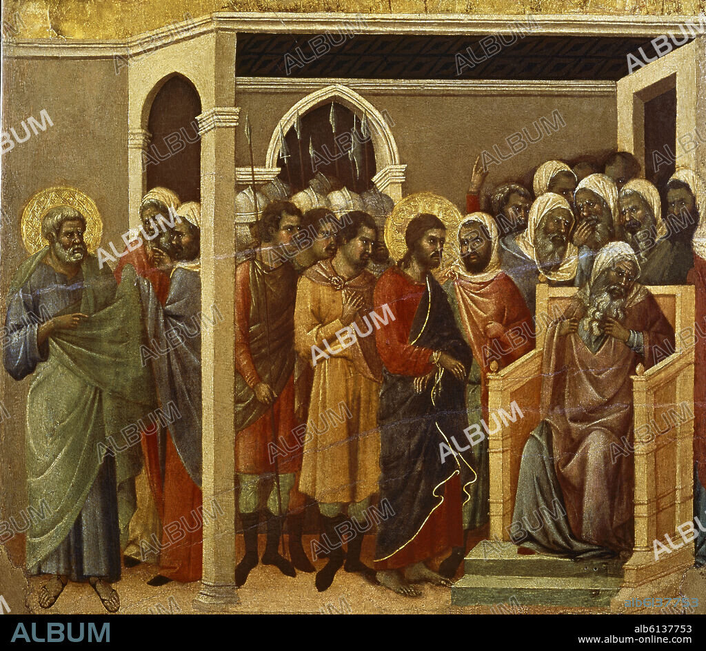 DUCCIO DI BUONINSEGNA (1255-1319). LA MAESTA - CRISTO ANTE CAIFAS - NEGACION DE SAN PEDRO - 1308-1311 - TEMPLE/TABLA - 45,5 x 53,7 cm - GOTICO INTERNACIONAL.