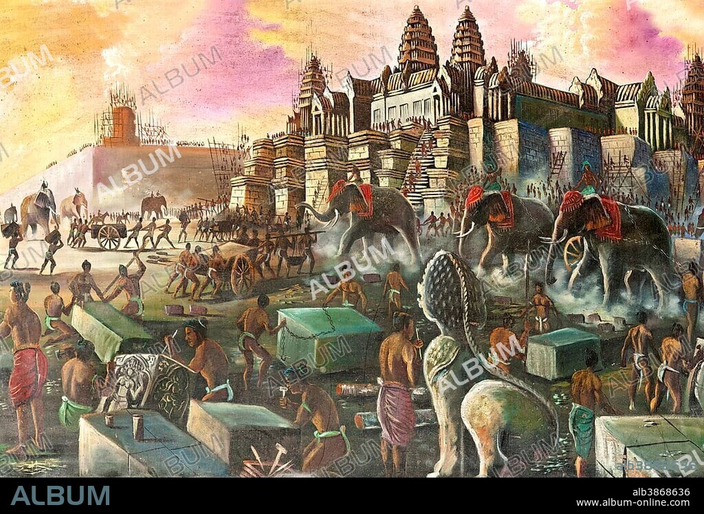 Painting depicting a historical account of the construction of Angkor Wat Temple in the 13th century, gallery in Pursat, Pursat, Pursat Province, Cambodia