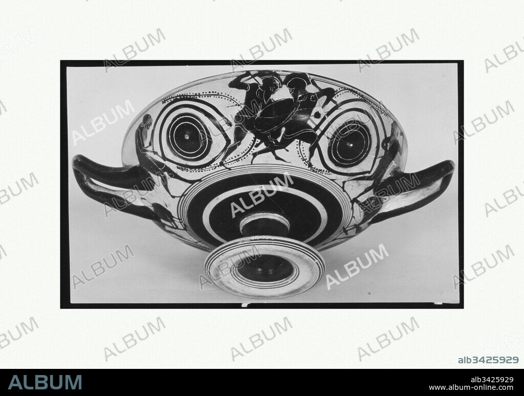 Kylix, eye-cup, Archaic, last quarter of 6th century B.C., Greek, Attic, Terracotta; black-figure, Other: 3 13/16 × 11 in. (9.7 × 27.9 cm), Vases, Interior, naked youth with club, running; obverse, between eyes, fight; beyond each eye a satyr; reverse, similar scene; under handle dolphin, other swan.